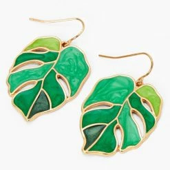Best Pirce ❤️ Claire's Gold Green Palm Leaf Monstera 1" Drop Earrings 🧨