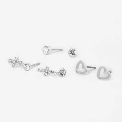 Brand new 🥰 Claire's Silver Heart & Crosses Stud Earrings - 3 Pack ✨