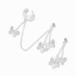 Deals 😍 Claire's Silver Butterfly Cuff Connector Drop Earrings ⌛