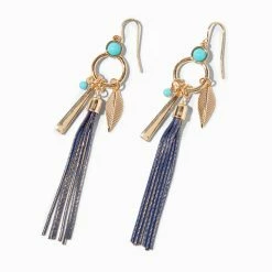 Best deal ⌛ Claire's Gold 3" Blue Tassel Charms Linear Drop Earrings 😍