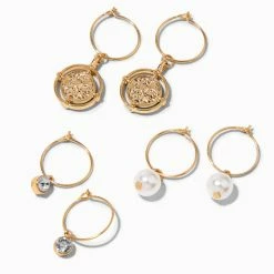 Hot Sale ⭐ Claire's Club Gold Medallion Hoop 1'' Drop Earrings - 3 Pack 👍