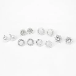 Cheapest 🥰 Claire's Silver Crystal Pearl Stud Earrings - White, 6 Pack ⭐