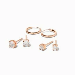 Best Pirce 🥰 Claire's 18K Rose Gold Plated Cubic Zirconia Stud & Hoop Earring Set - 3 Pack 👏