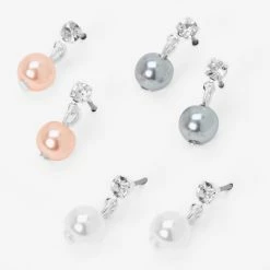 Deals 🌟 Claire's Silver 0.5" Faux Crustal Pearl Drop Earrings - 3 Pack 😀
