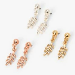 Best deal 🥰 Claire's Mixed Metal Embellished Leaf Drop Earrings - 3 Pack ⌛
