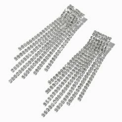 Flash Sale ⌛ Claire's Silver Rhinestone 3" Pyramid Fringe Drop Earrings ⭐