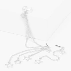 Outlet 😍 Claire's Silver Open Star Ear Cuff Connector Chain Drop Earrings 🛒
