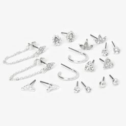 Deals 🤩 Claire's Silver Fancy Crystal Mixed Earrings - 9 Pack 👏