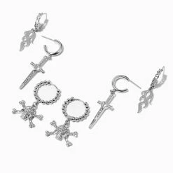 Best deal ⌛ Claire's Silver Skull, Dagger, & Flame Hoop Earrings - 3 Pack ✨
