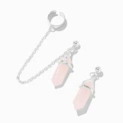Budget π₯° Claire's Pink Mystical Gem Silver Cuff Connector Drop Earrings π