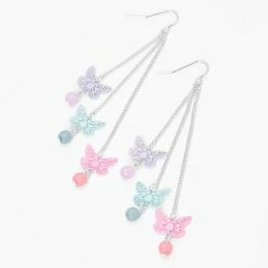 Best Pirce 🥰 Claire's Silver 3" Triple Butterfly Pastel Linear Drop Earrings 🥰