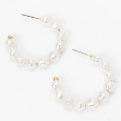 Deals 💯 Claire's Gold 30MM Pearl Hoop Earrings - White 🎁